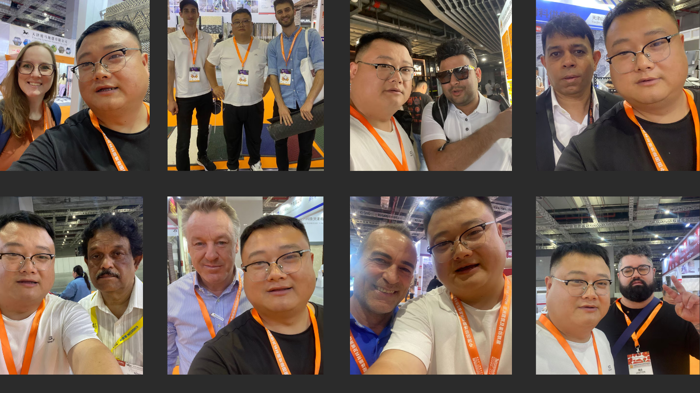 Collage of overseas buyer meetings at carpet trade shows